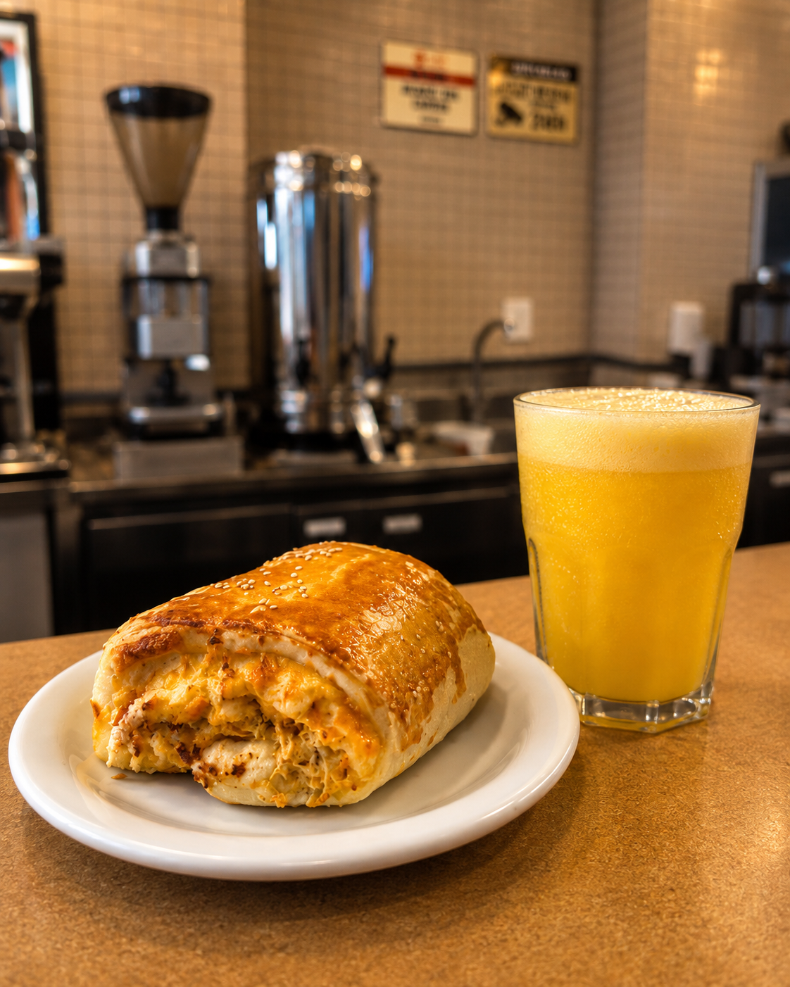 Lanche acompanhado de suco no Berimbau Gourmet